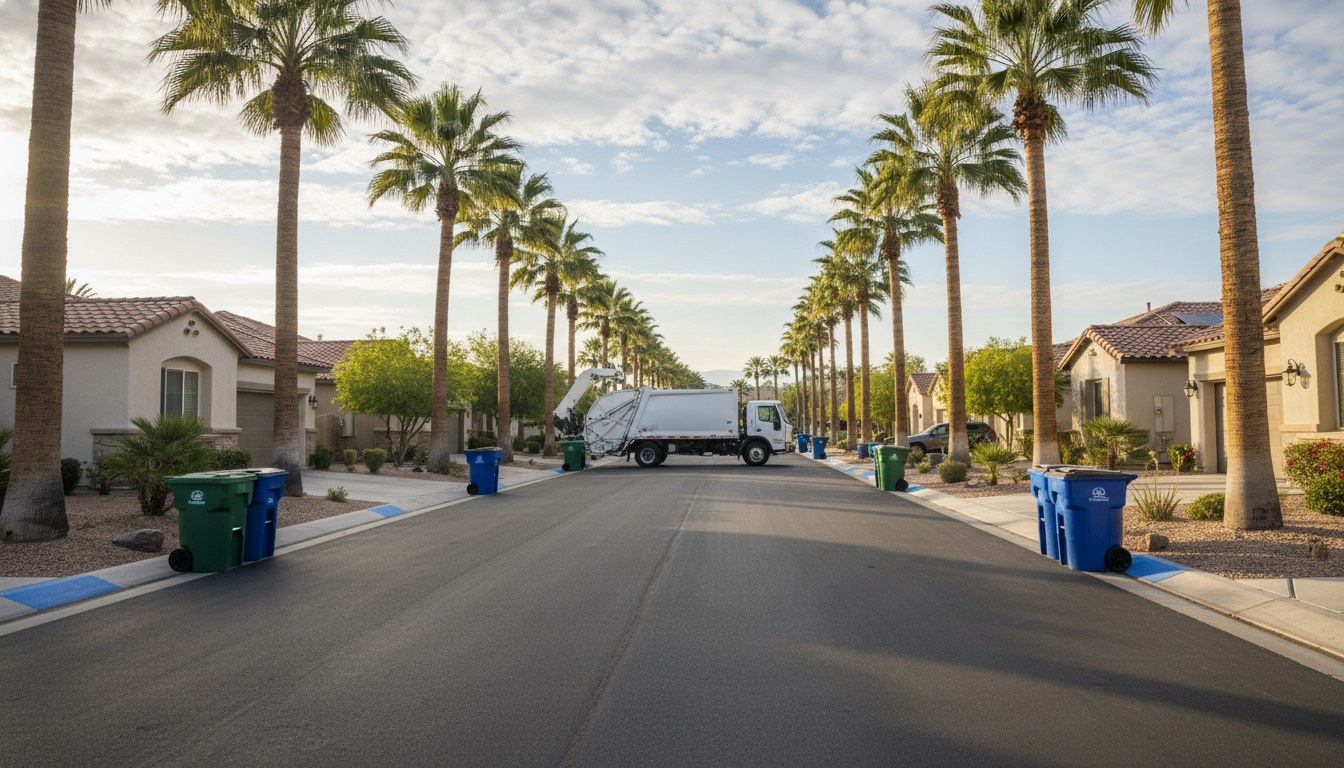 Palm-lined Sun Belt cul-de-sac with curbside bins and an automated side-loader truck in mid-distance